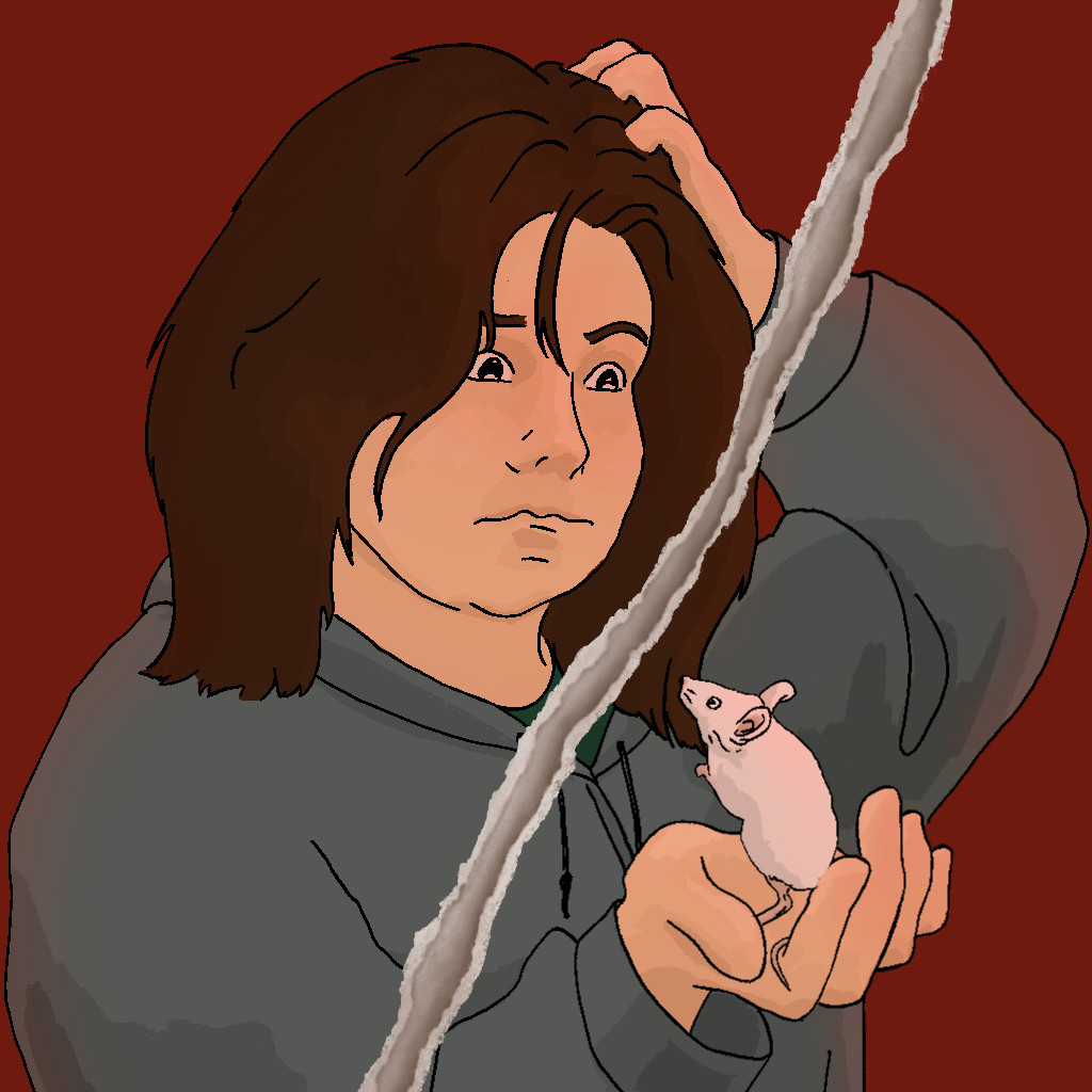 Puzzled teenage girl holding a white mouse