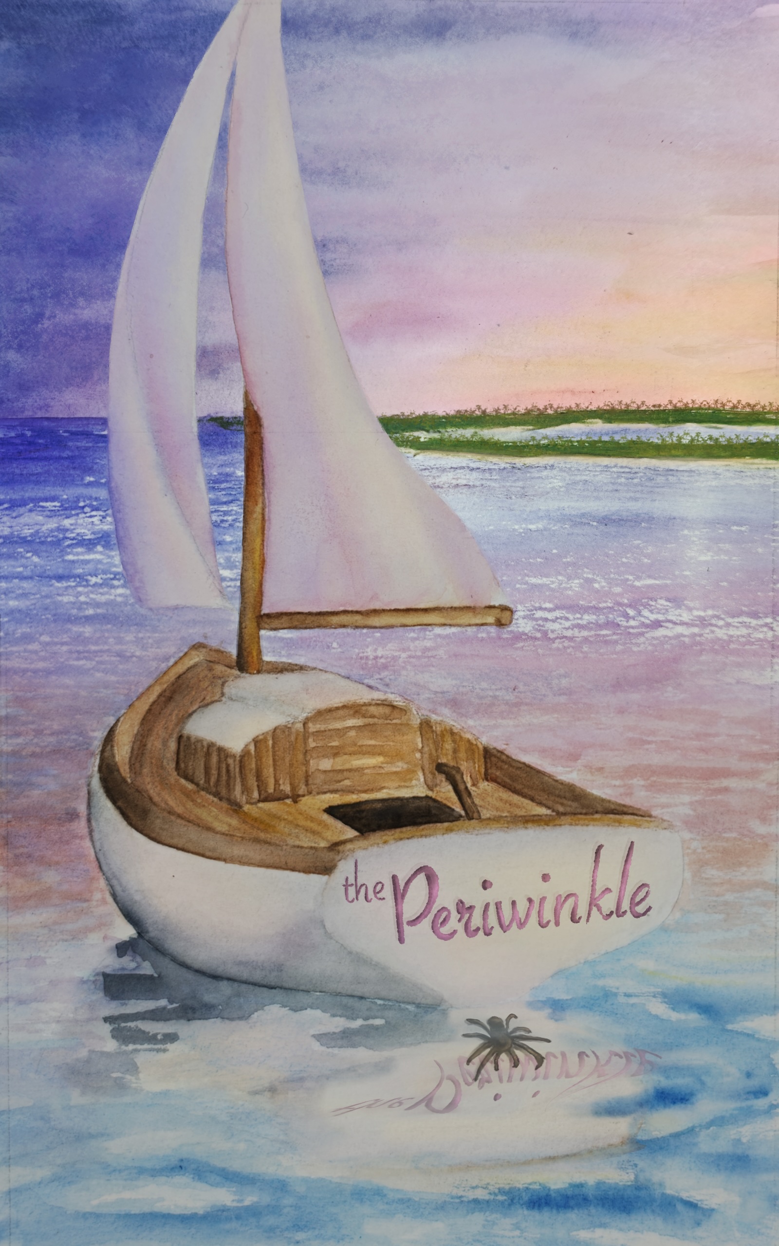 Pink Bermuda sloop near a Caribbean island